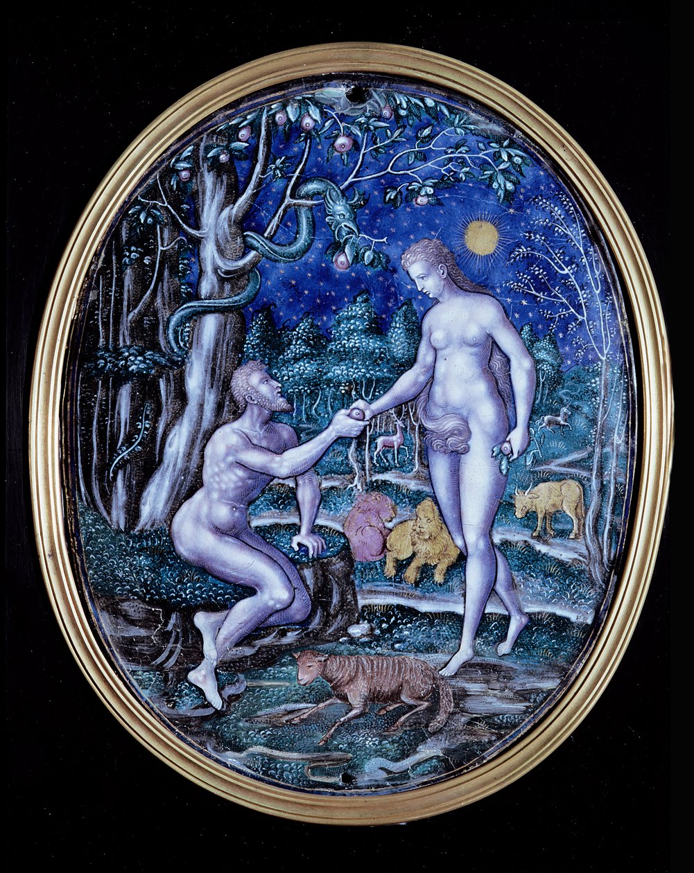 アダムとイブを描いたリモージュプラーク、1570年頃（エナメル質） 作： フランス語学校