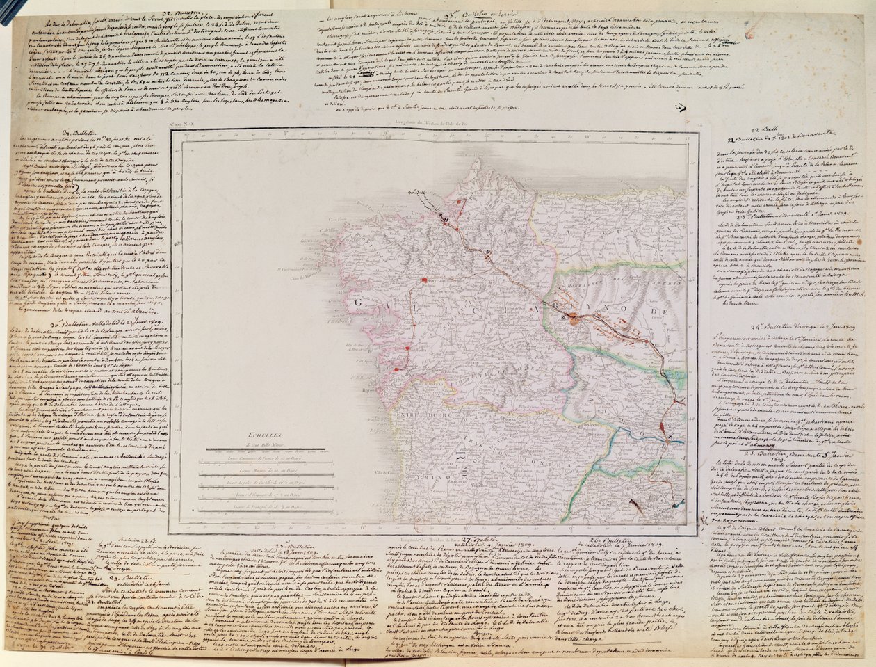 1809年1月のキャンペーンの、フランス軍の進路と丸太が描かれたガリシアの地図（ペンとインクと色の彫刻） 作： フランス語学校