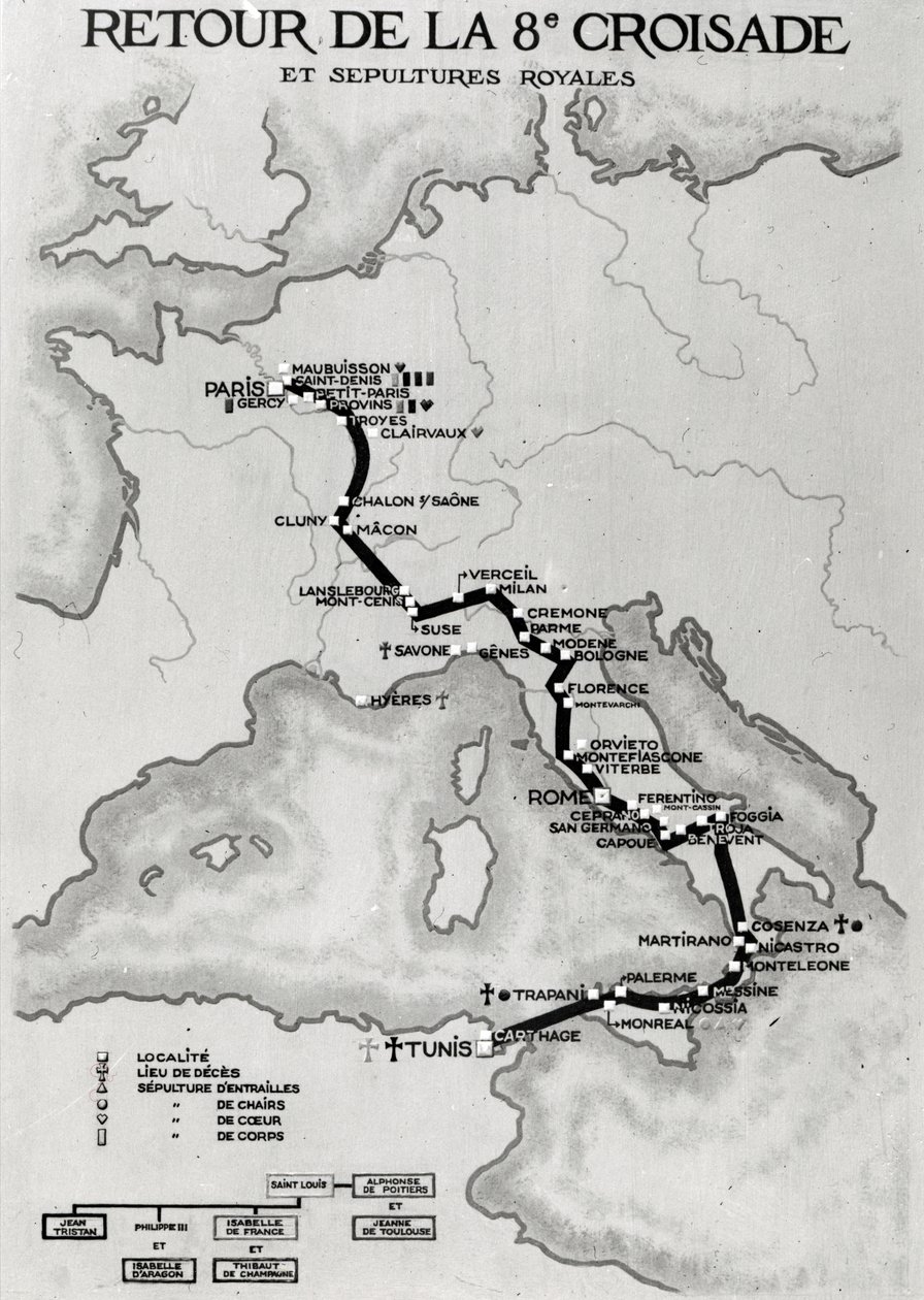 1270年の第8十字軍の帰還の地図とルイ9世の遺体の休憩場所 作： フランス語学校