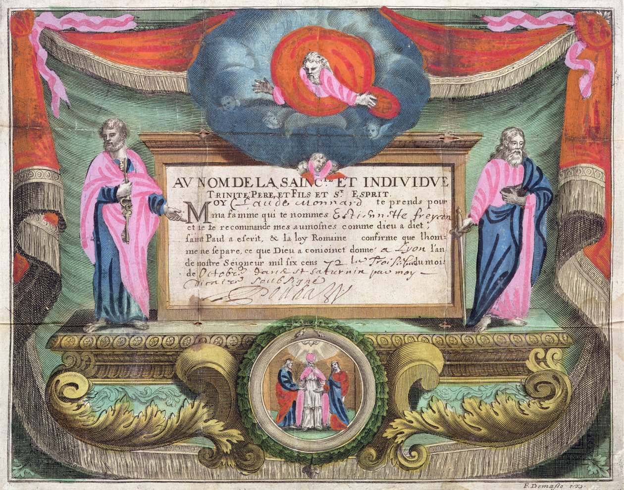1672年にリヨンで発行されたクロードモナールの結婚証明書 作： フランス語学校