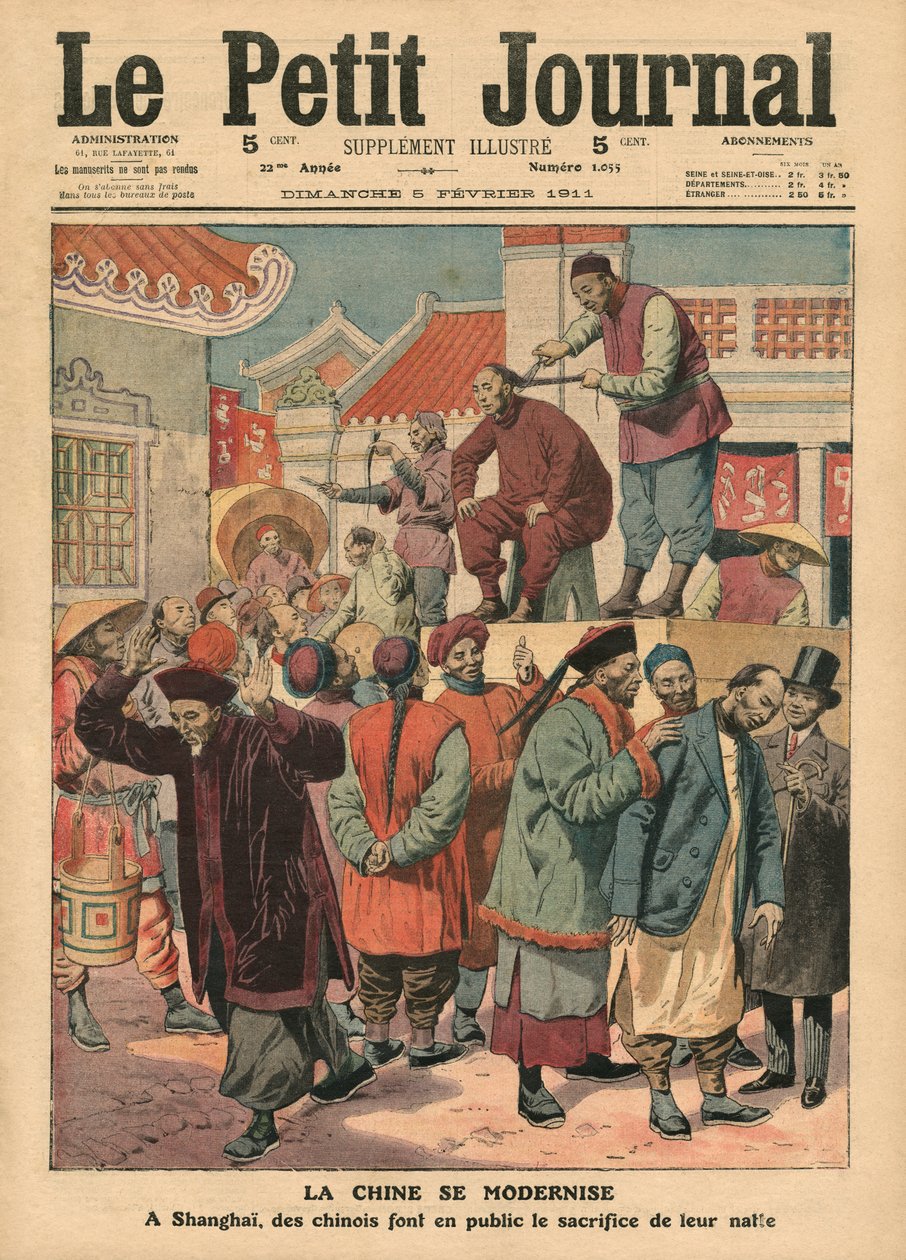 中国の近代化、上海でピグテールが切断された中国人、「ルプチジャーナル」のイラスト、サプリメントイラストレーター、1911年2月5日 作： フランス語学校