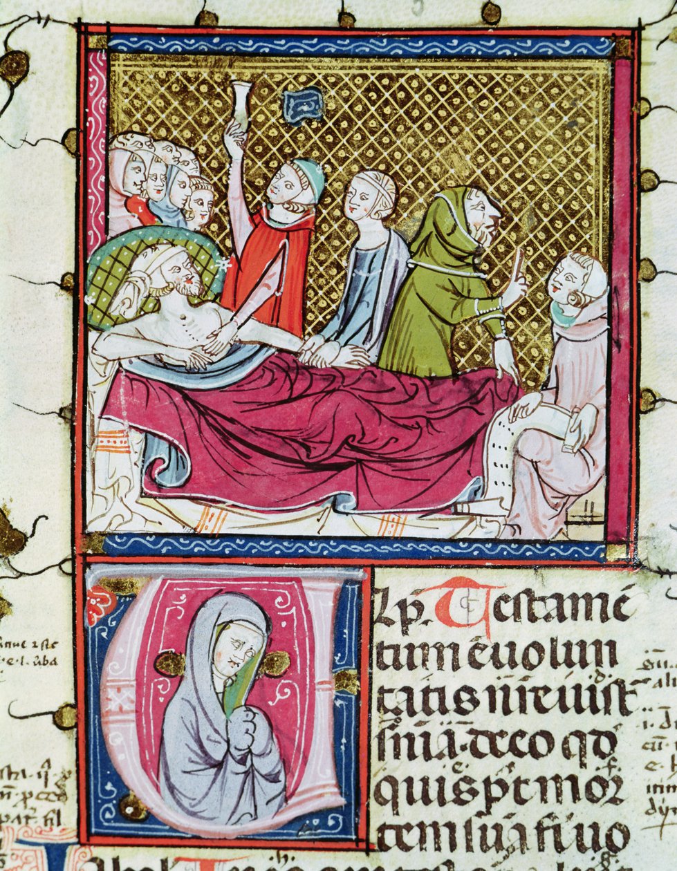 Ms 3076 fol.56r医師と家族に囲まれた死にゆく男、彼の意志を口述 作： フランス語学校