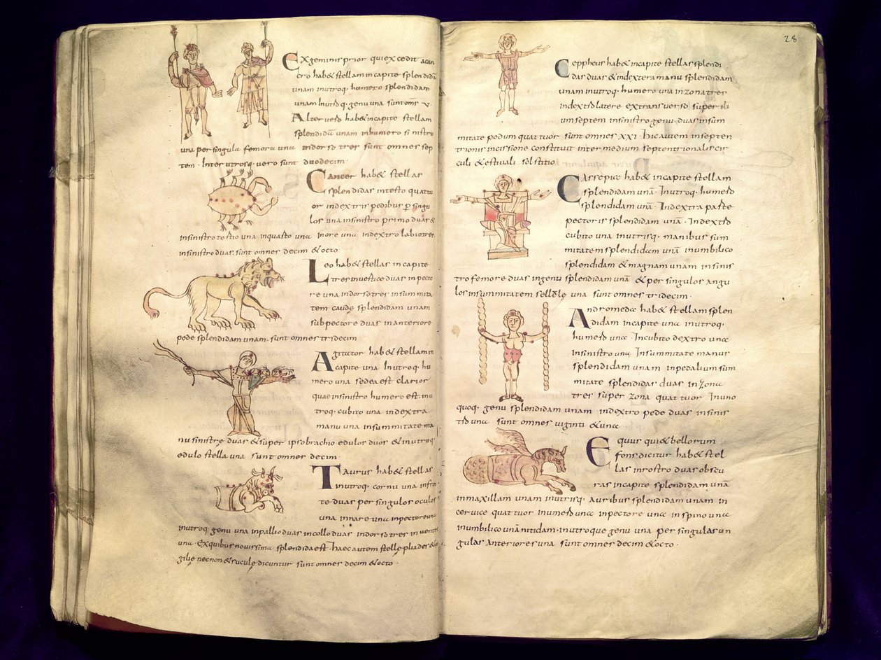 Ms 422 Fol.27v und 28rセビリアのイシドルによる「De Natura Rerum」からの星座を横切る月の道 作： フランス語学校