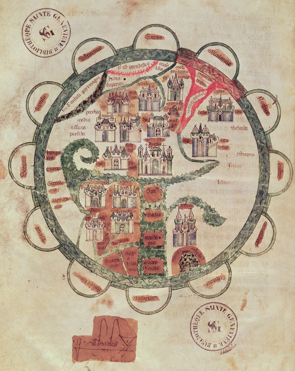 Ms 782 f.374v &39;Chroniques de St. Denis&39;のエルサレムを中心とした世界地図、c.1275 作： フランス語学校