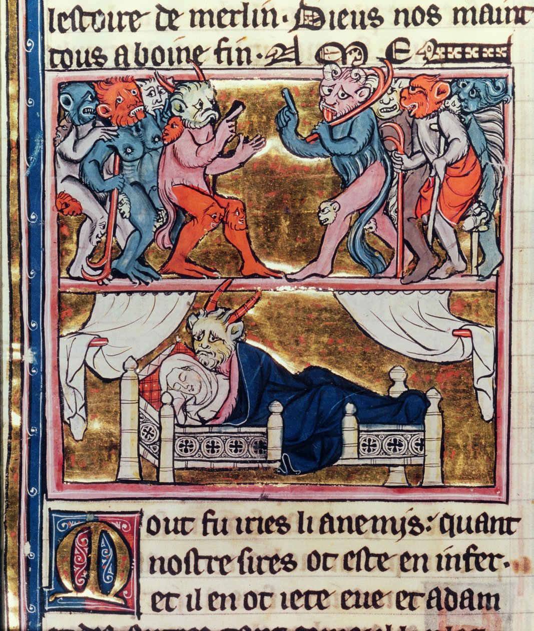Ms Fr. 95 fol.113v悪魔評議会、「l&39;Histoire de Merlin」より、c.1280-90 作： フランス語学校