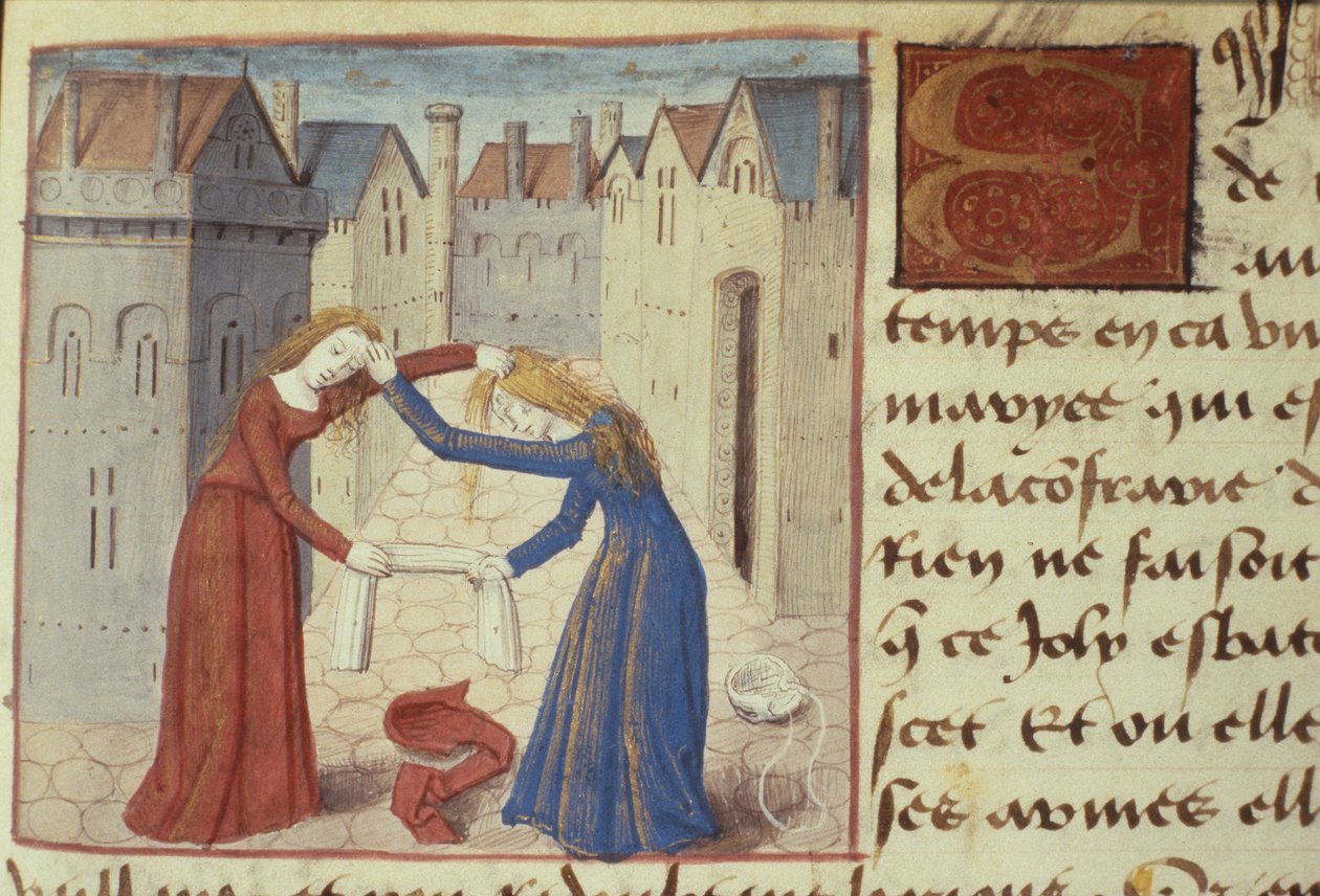 Ms Hunter 252 f.186r Les Cent Nouvelles Nouvelles、1462の2人の女性の戦い 作： フランス語学校