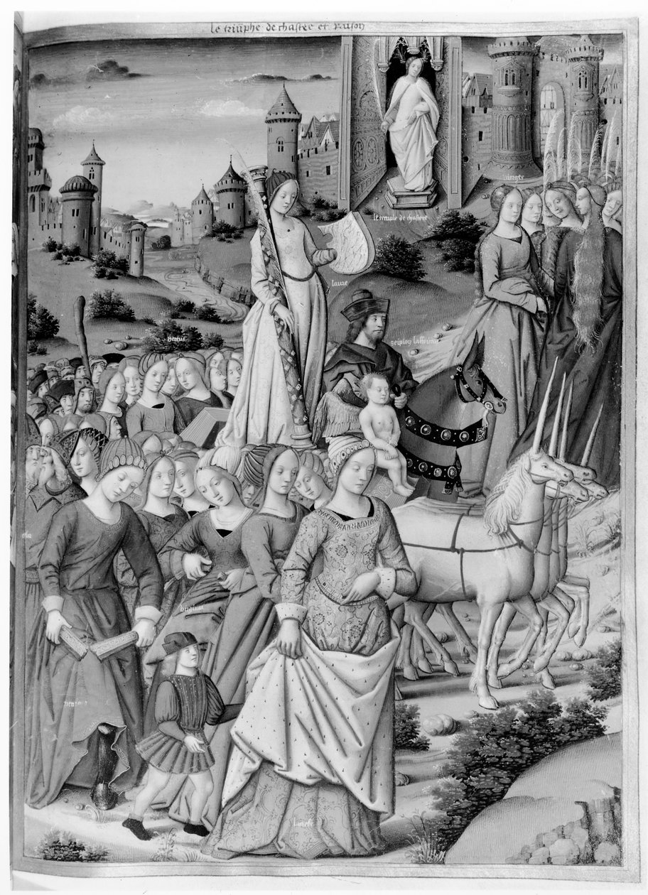 Ms.Fr.594 fol.102 Petrarch（1304-74）1503による「Les Triomphes」からの貞操と理由の勝利 作： フランス語学校