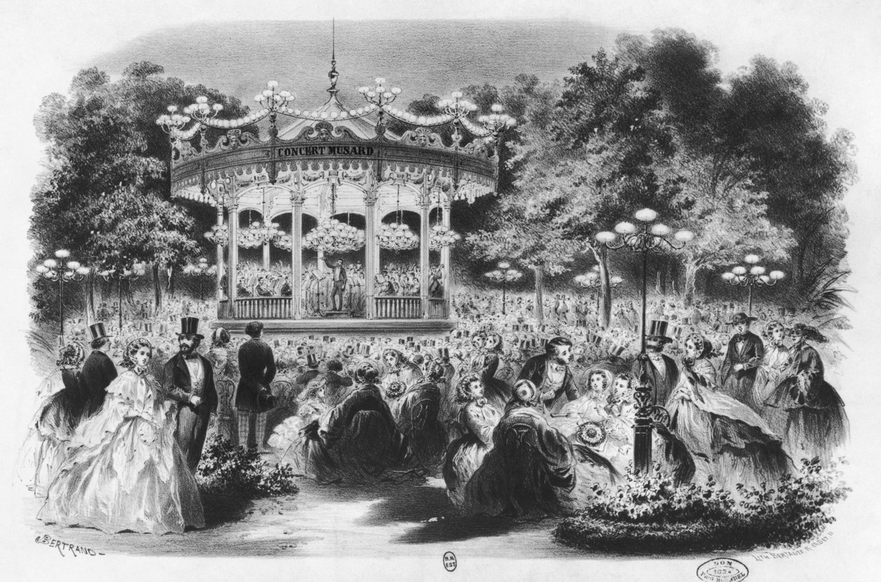 シャンゼリゼでのミュサールコンサート、1865年 作： フランス語学校