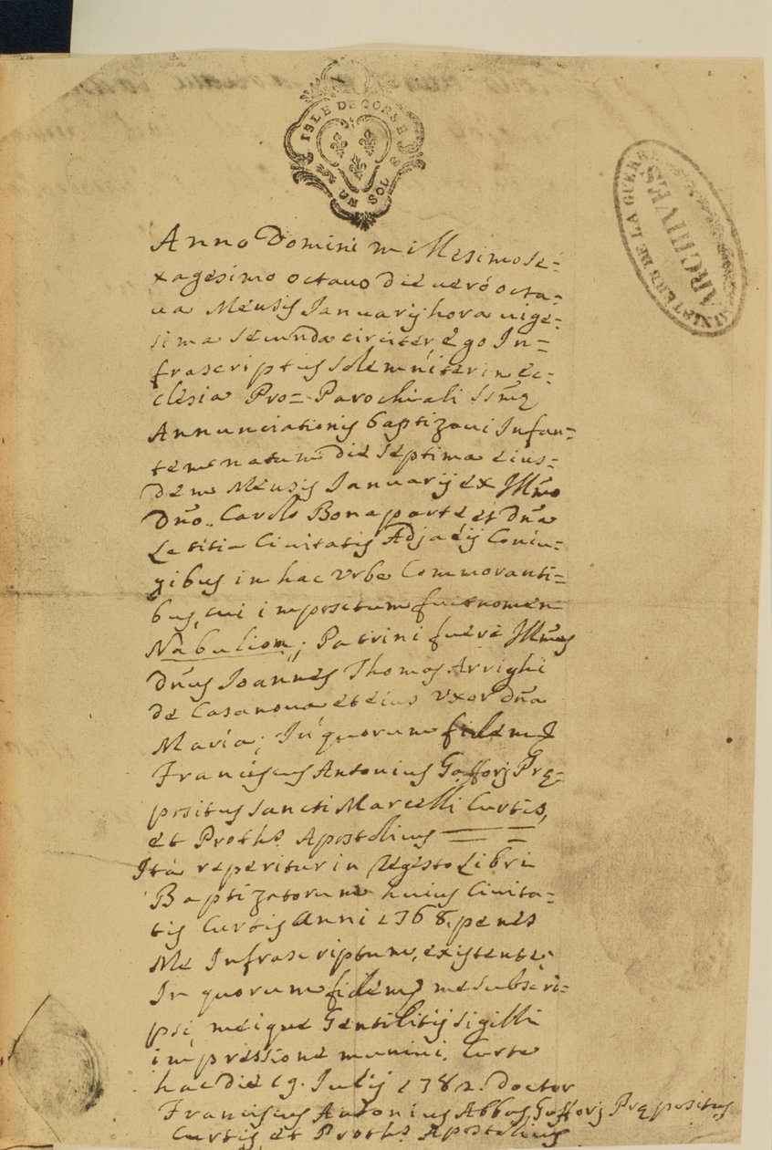 ナポレオンの出生証明書、1769 作： フランス語学校