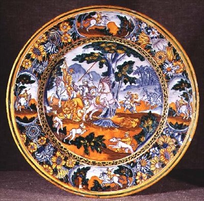 アントニオテンペスタ作の2枚の版画を元にした狩猟シーンを描いたヌヴェールの料理、1660年頃（ファイアンス） 作： フランス語学校