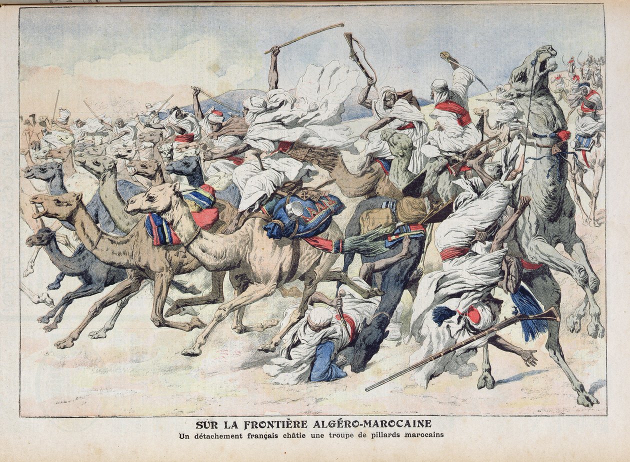 1906年11月18日の「Le Petit Journal」からのイラスト、モロッコの略奪者のバンドを罰するフランスの分遣隊、アルジェロモロッコフロンティア 作： フランス語学校