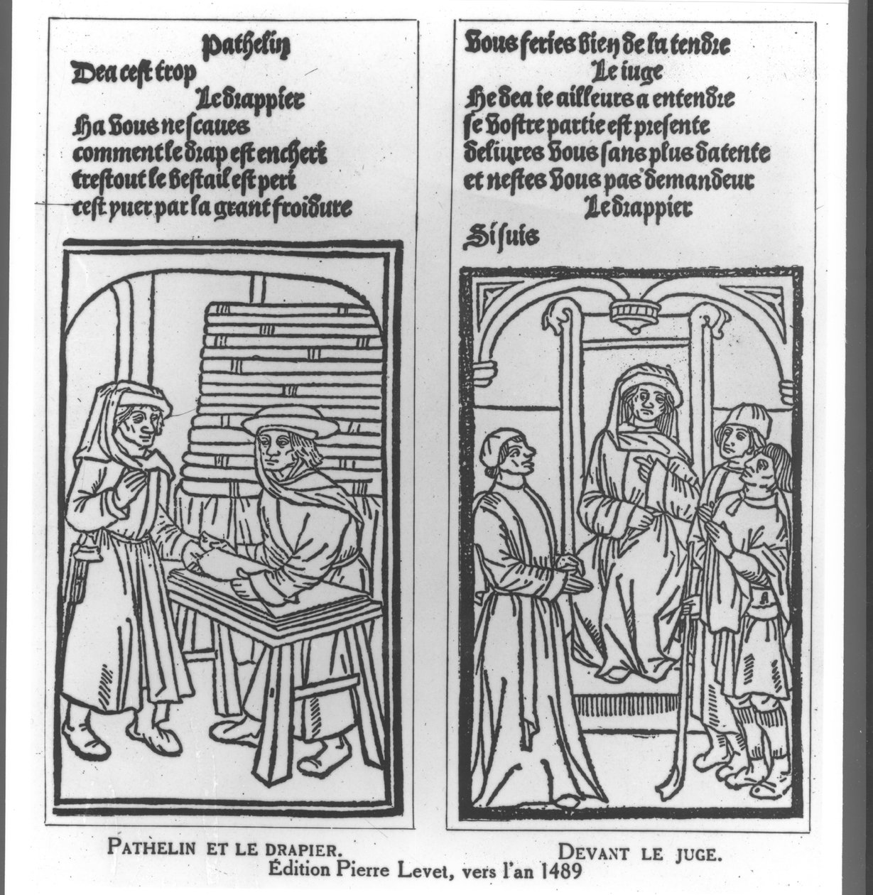 裁判官の前のパテリンとドレイパーとパテリン、「マスターパテリンの茶番」のイラスト、1489年頃 作： フランス語学校