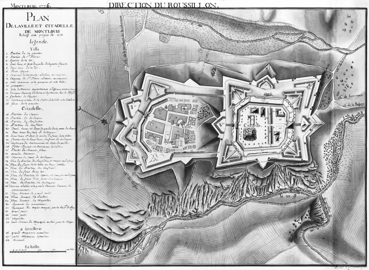 モンルイの町と城塞の計画と地図、1776年（紙と鉛筆） 作： フランス語学校