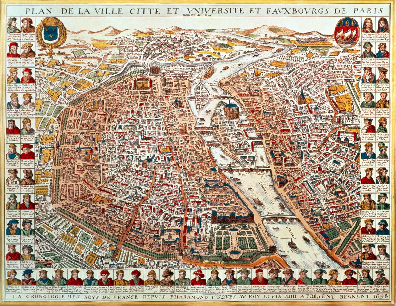 パリの計画、1698年のファラモンドからルイ14世までのフランスの王の時系列シリーズの肖像画に隣接している（手塗りの彫刻） 作： フランス語学校