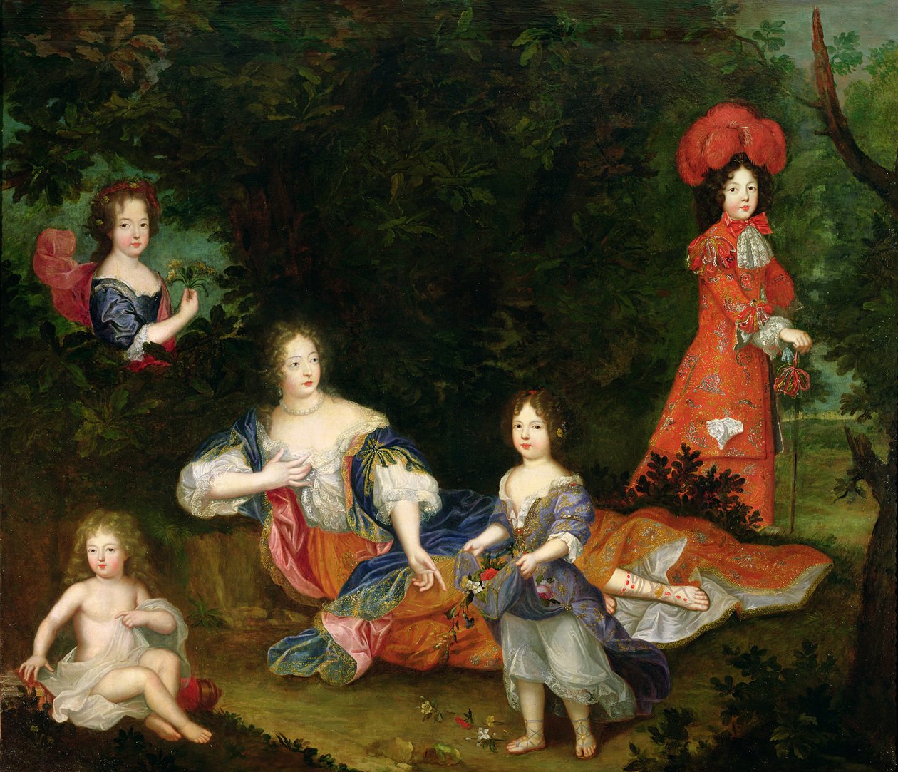 正当化された子供たちに囲まれたフランソワーズアテネドロシュシュアールモルトマート（1641年-1707年）、モンテスパン侯爵夫人の肖像 作： フランス語学校
