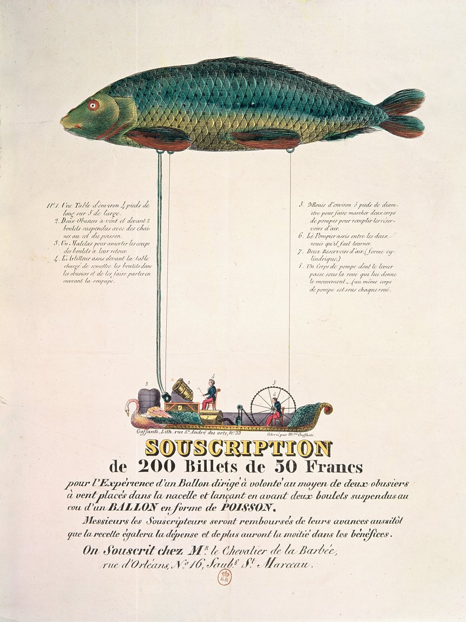 魚の形をした飛行船の風船の申し込みを宣伝するポスター 作： フランス語学校