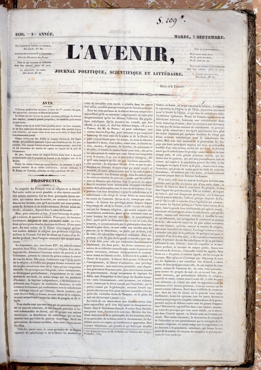 1830年9月7日、ジャーナルLAvenirの今後の出版を宣伝する目論見書（印刷された紙） 作： フランス語学校