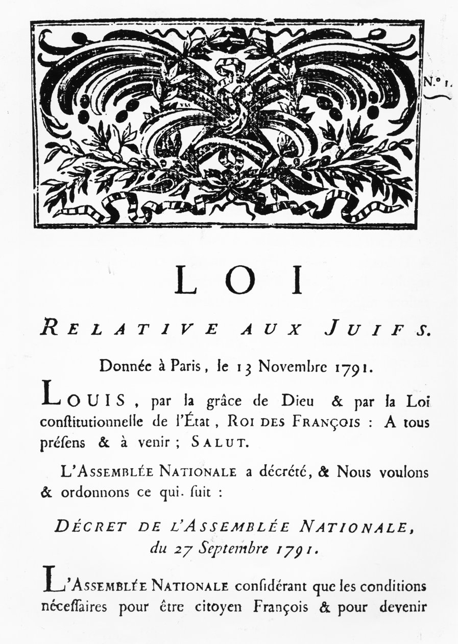 1791年9月27日の国会令（ファクシミリ）によるフランスのすべてのユダヤ人への王立解放令（695056も参照） 作： フランス語学校