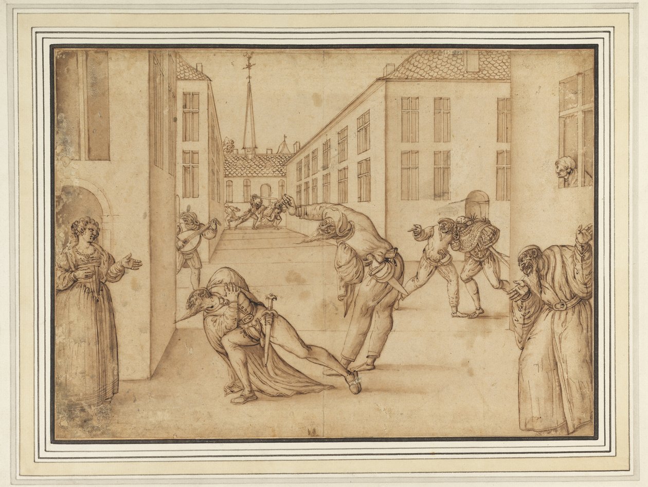 Commedia dellArte、c.1575-1600からのシーン（bistreと紙に洗って） 作： フランス語学校