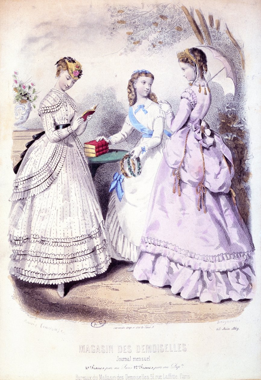 授賞式後の女子校生、マガシンデデモイゼルを宣伝するファッションプレート、1869年 作： フランス語学校