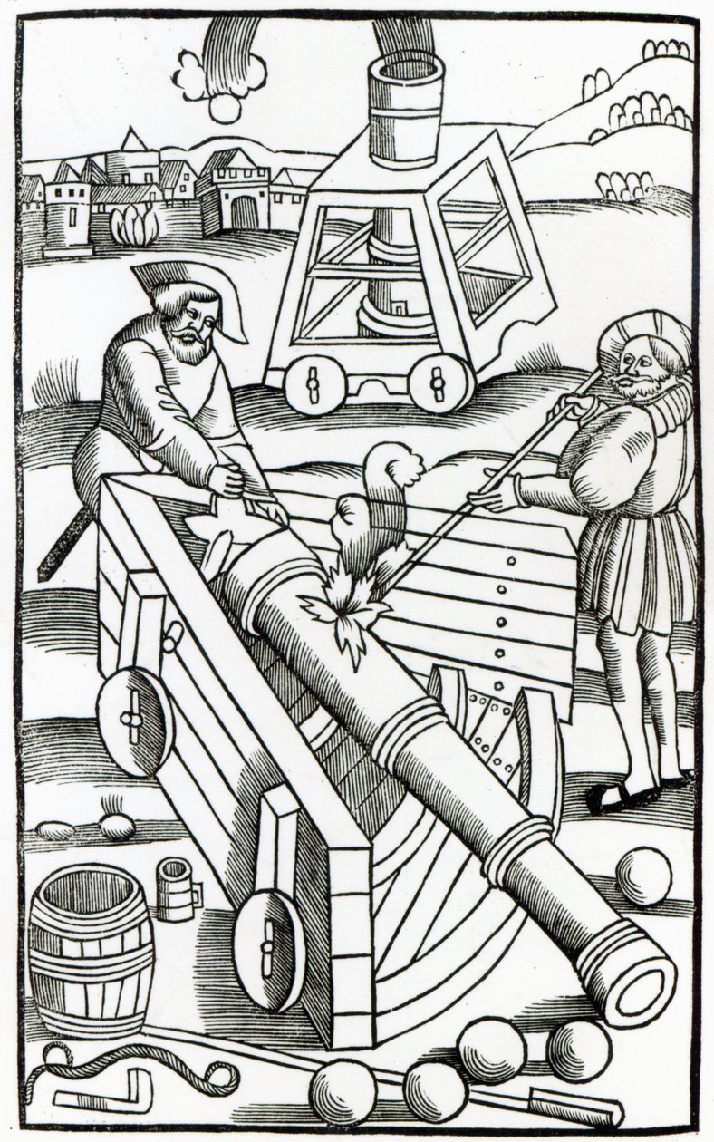 大砲を発射する兵士、フラビウスルナトゥスの「De Re Militari」のイラスト（fl.390）、Christian Wechel、パリ、1532年 作： フランス語学校