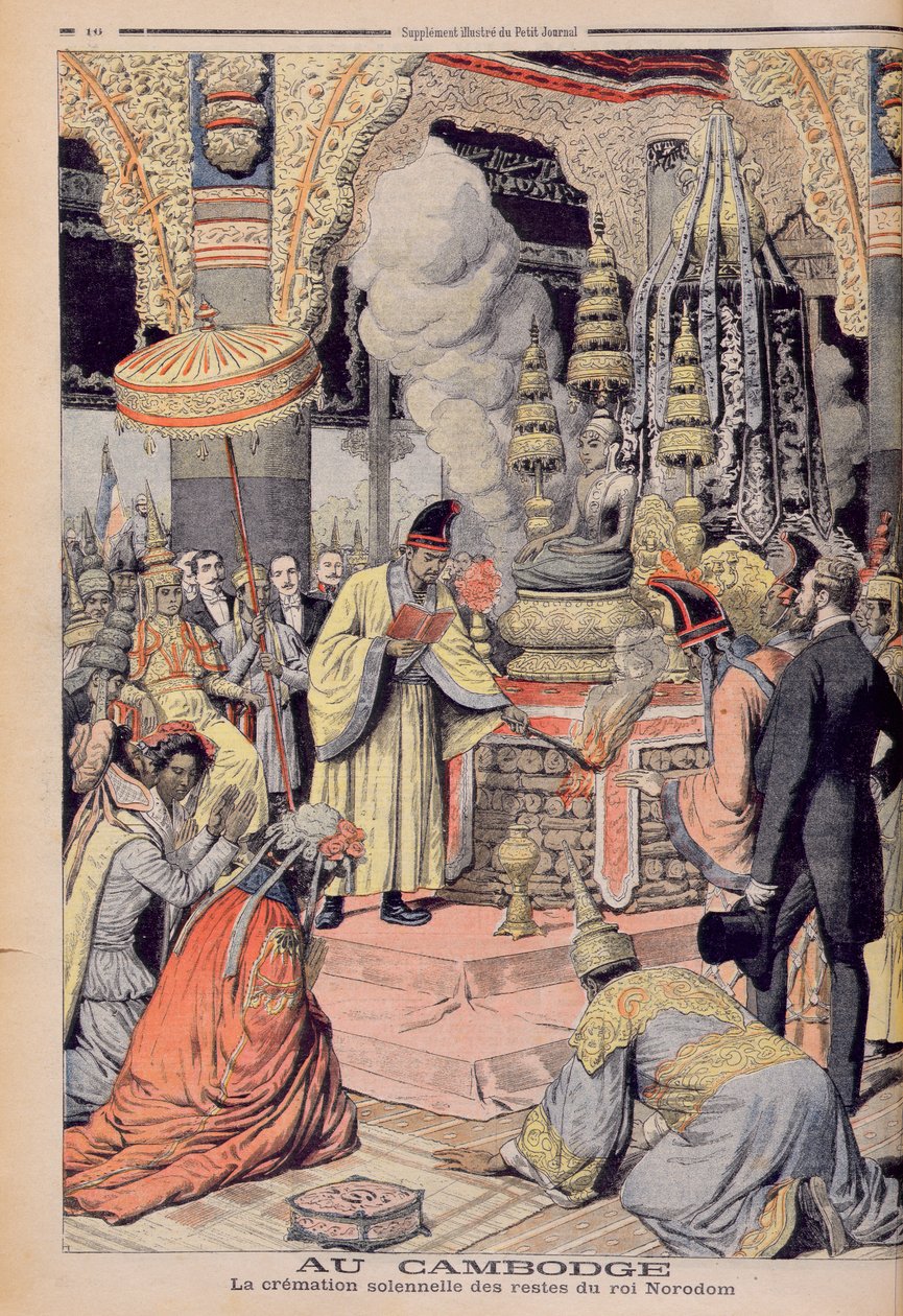 ノロドム1世（1835-1904）の厳粛な火葬、カンボジアの王、「ルプチジャーナル」1906年からのイラスト 作： フランス語学校