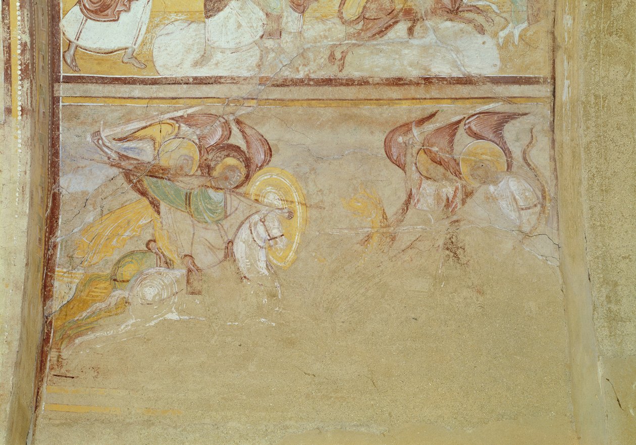 聖ミカエルとドラゴンとの戦いの天使、ナルヘックスの黙示録の詳細、c.1100（フレスコ画） 作： フランス語学校