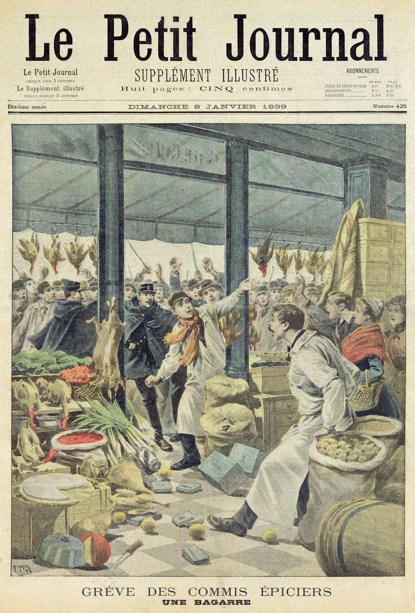 1899年1月8日、「Le Petit Journal」からの食料品店の乱闘、喧嘩、タイトルページ（カラー彫刻） 作： フランス語学校