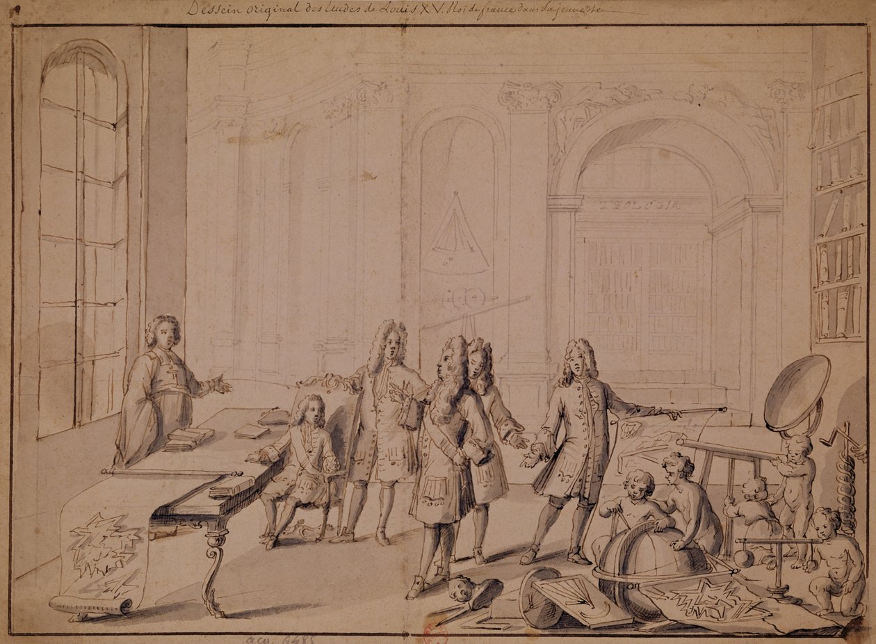 Young Louis XV（1710-74）へのレッスンの研究（ペンとインクで紙の上を洗う）（162667も参照） 作： フランス語学校