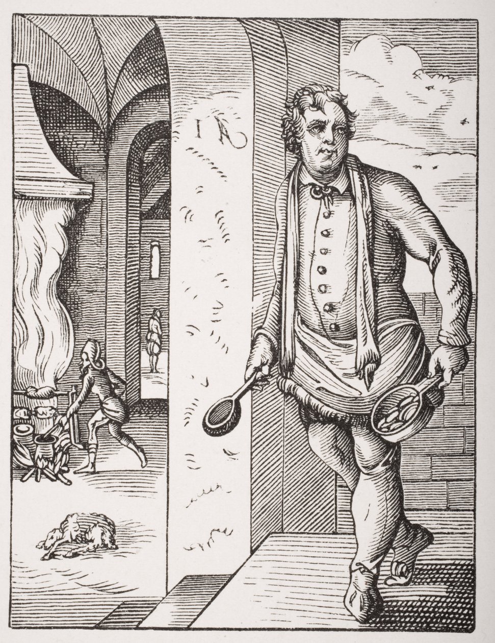 クックは、1847年に出版されたポールラクロワ（1806-84）の「ルモヤンエイジエラルネサンス」からヨーストアンマン（1539-91）が16世紀に彫刻した後 作： フランス語学校