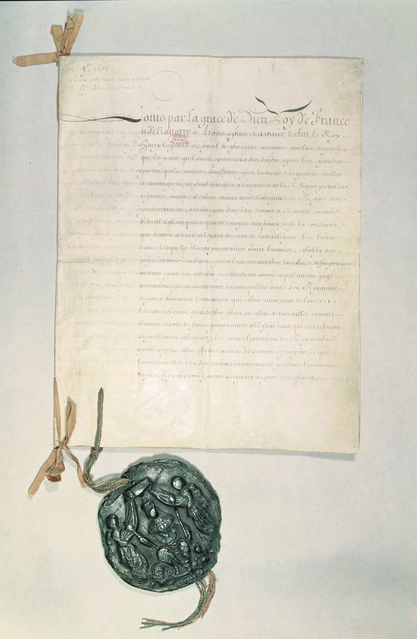 フォンテーヌブローの勅令、1685年10月18日（紙にペンとインク） 作： フランス語学校