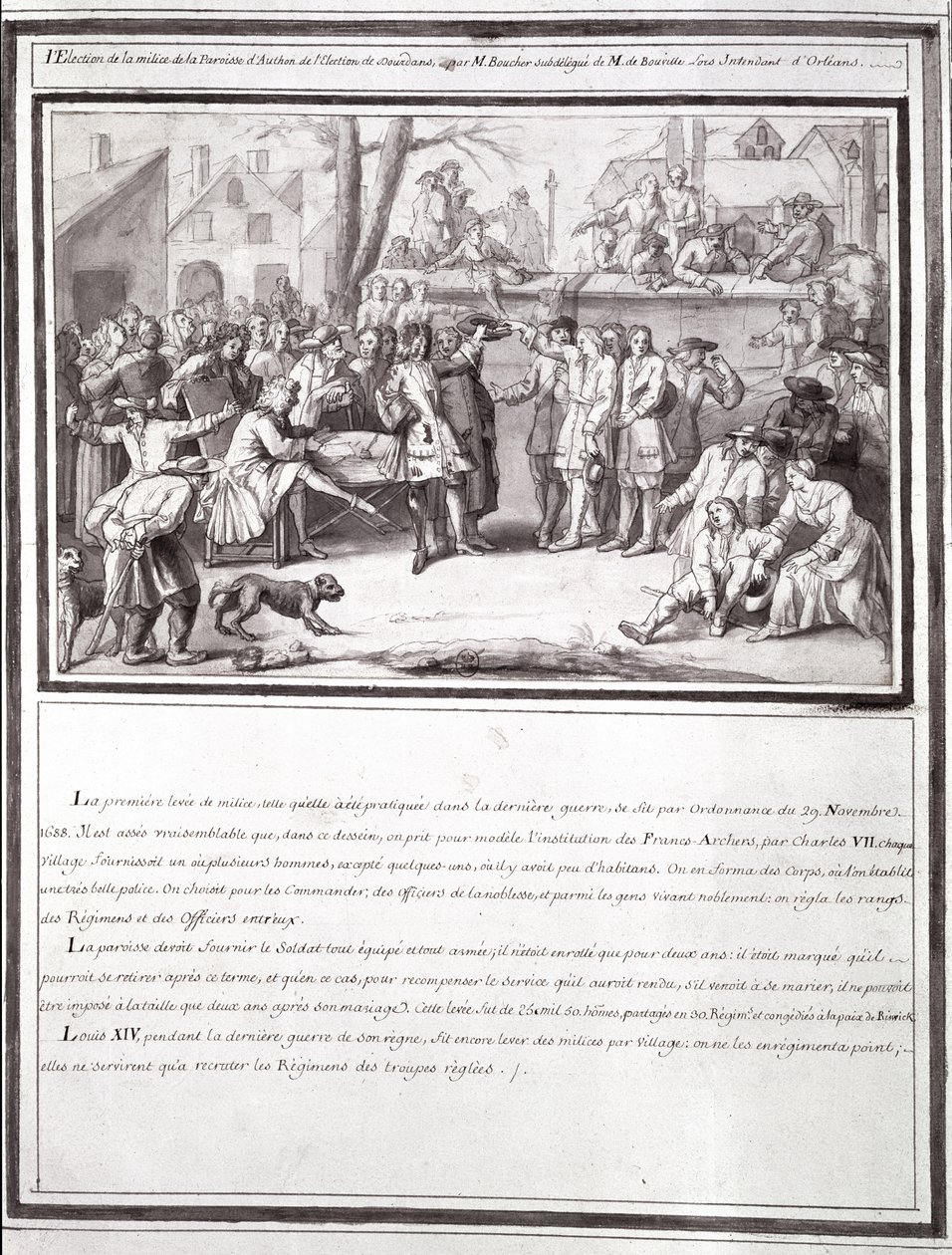 1688年のドルダン選挙の一部であるオーソン教区での民兵選挙 作： フランス語学校