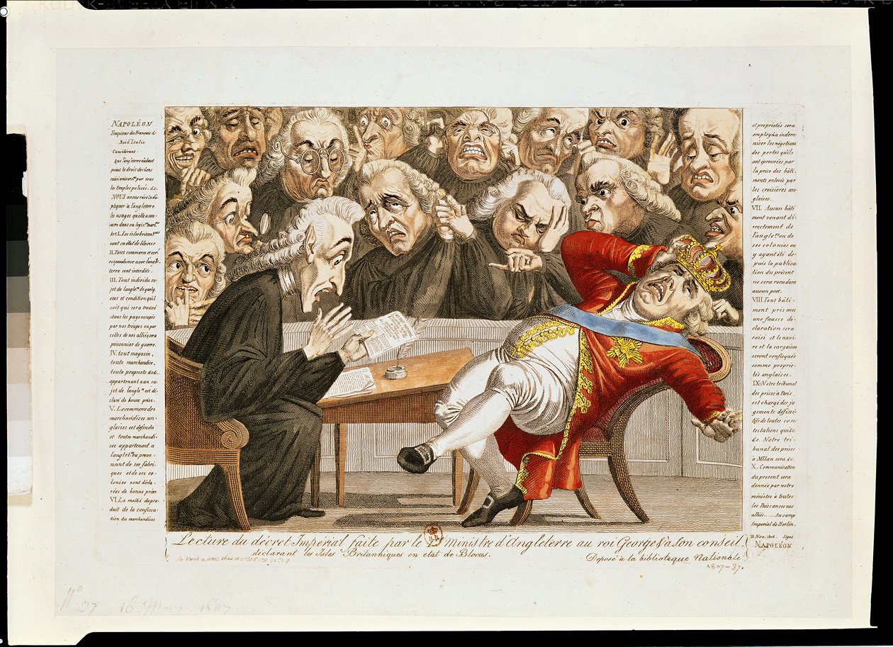 1807年11月21日、英国の島々が封鎖の対象となることを宣言するジョージ3世（1738-1820）の勅令を読んだ英国大臣 作： フランス語学校