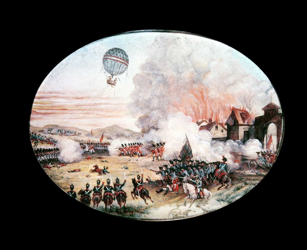1794年のフルーラスの戦いの上に浮かぶフランスの気球「L&39;Entreprenant」（カードにグワッシュ） 作： フランス語学校