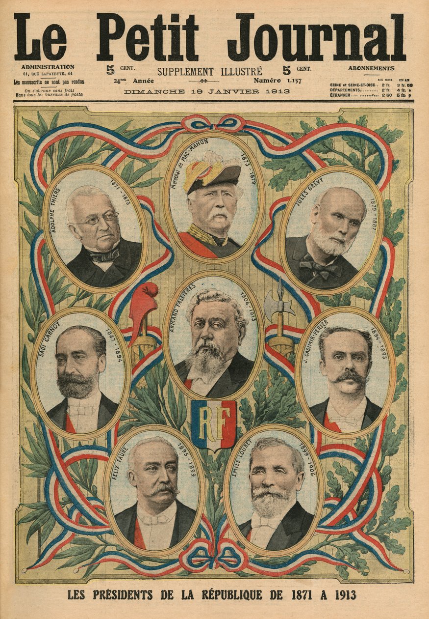 1817年から1913年までのフランス共和国大統領、「ルプチジャーナル」の表紙イラスト、補足イラストレーター、1913年1月19日 作： フランス語学校
