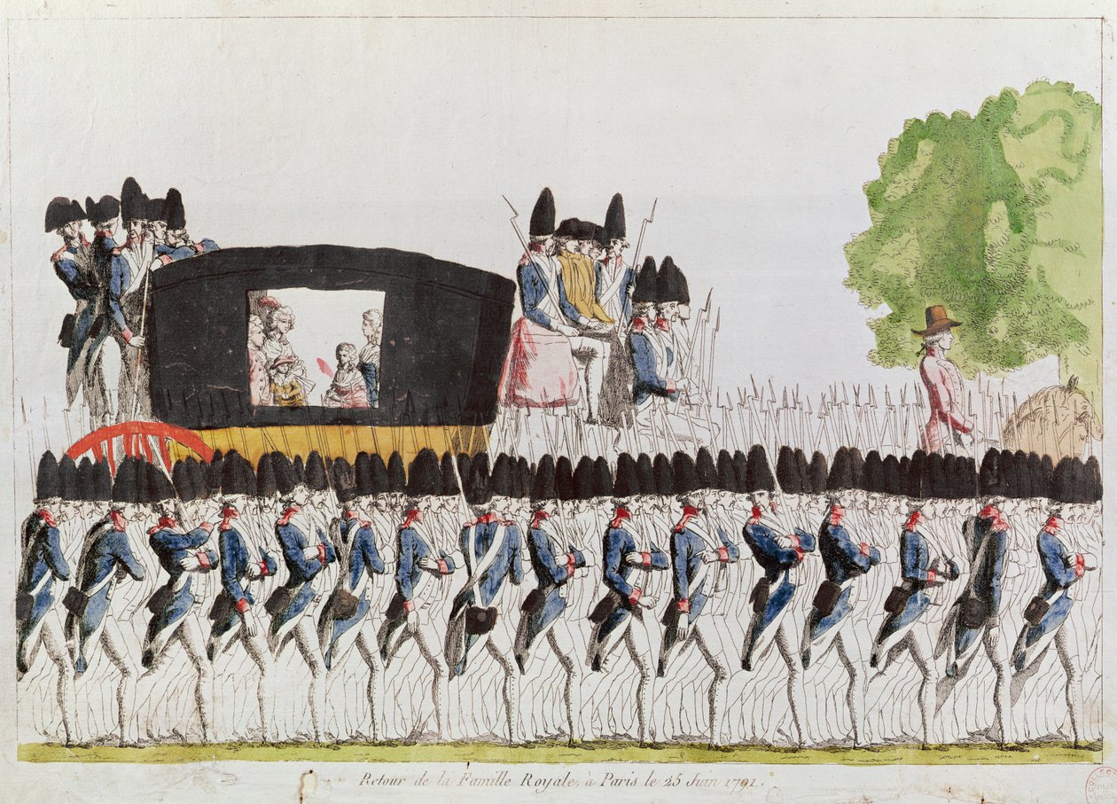 1791年6月25日、王室のパリへの帰還（カラー彫刻） 作： フランス語学校