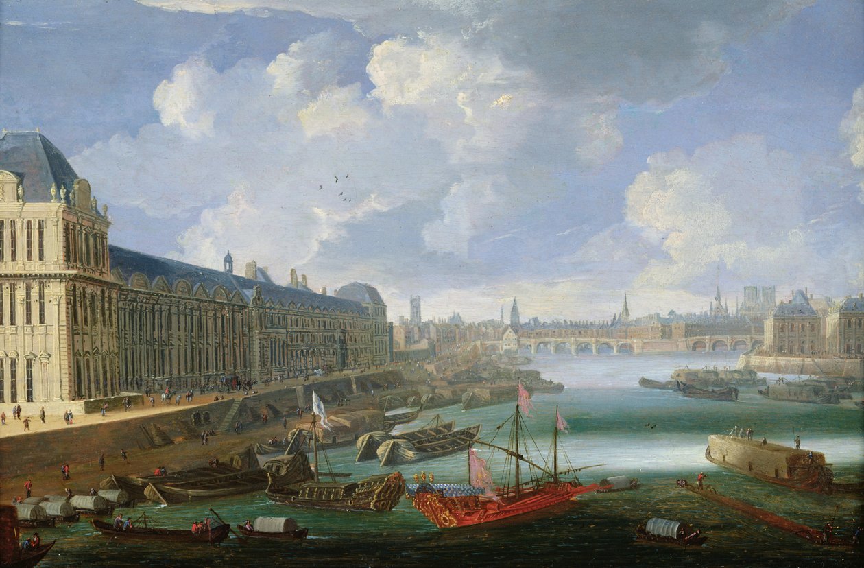ポンヌフ、ルーブル美術館、カレッジマザランに向けて眺めたセーヌ川c。 1675 作： フランス語学校