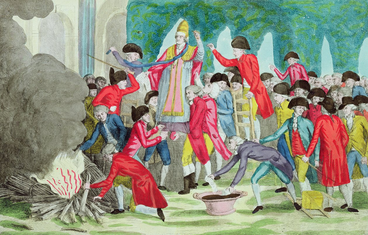 1791年4月6日、パレロワイヤルの庭で法王プイ6世の像の焼却 作： フランス語学校