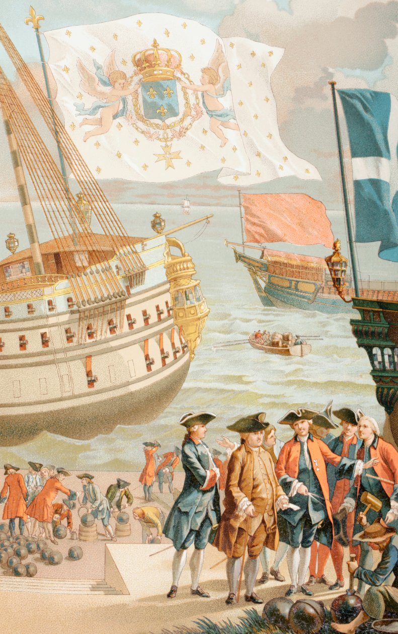 18世紀のフランス海軍の船の上を飛んでいるフランスの王室旗、「XVIII Siecle Institutions、Usages et Costumes」、1875年発行 作： フランス語学校