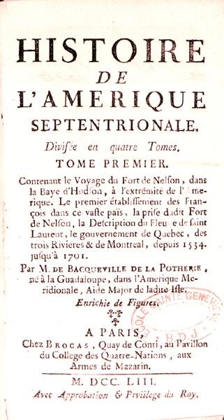 1753年に出版されたバックヴィルデラポテリー（1663-1736）による歴史的歴史のタイトルページ 作： フランス語学校