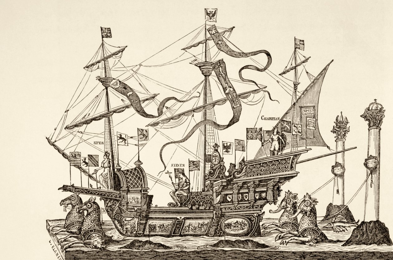 1558年にブリュッセルでカートに描かれた勝利の船、ポールラクロワによる「中世の軍事と宗教生活」から、ロンドンc.1880を出版 作： フランス語学校