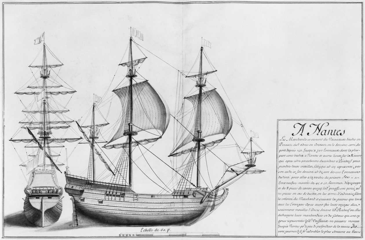 ベッセル、ナント、「ナントからバイヨンヌまで...のさまざまな船のデザイン」のイラスト、1679年（紙と鉛筆） 作： フランス語学校