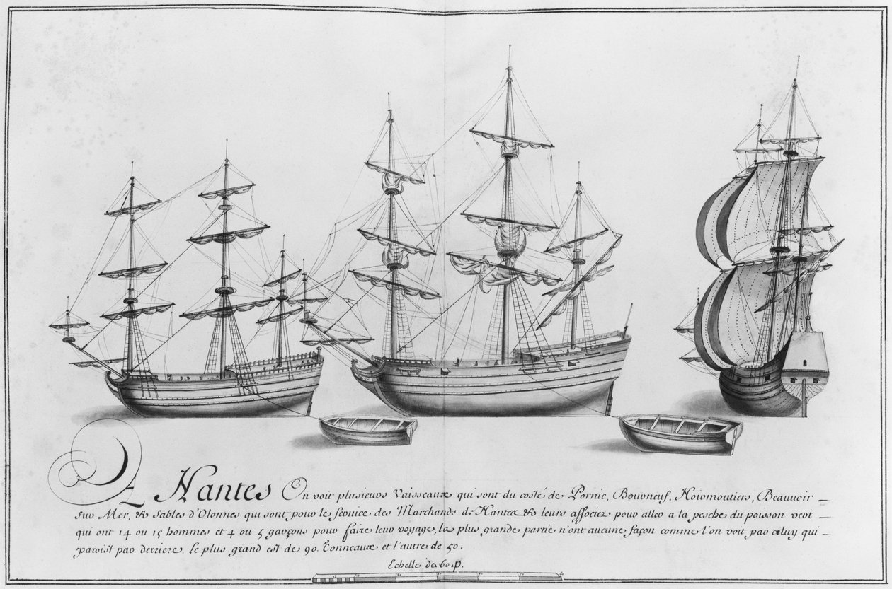 船舶、ナント、「ナントからバイヨンヌまで...のさまざまな船のデザイン」のイラスト、1679年（紙と鉛筆）（白紙） 作： フランス語学校