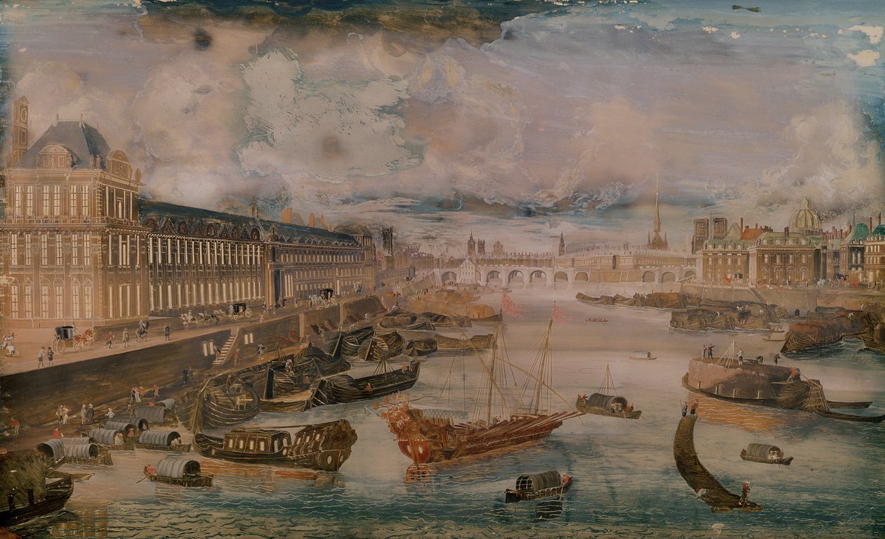 セーヌ川、ルーブル美術館のグランギャラリー、カトルデキャトルネイションの眺め、1680年頃 作： フランス語学校