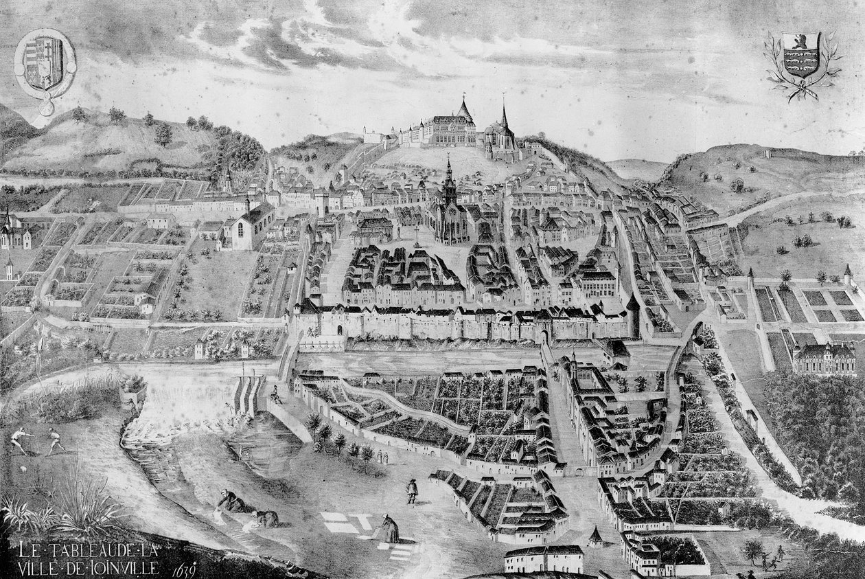 1639年の絵画からの城とジョインヴィレの町の眺め 作： フランス語学校