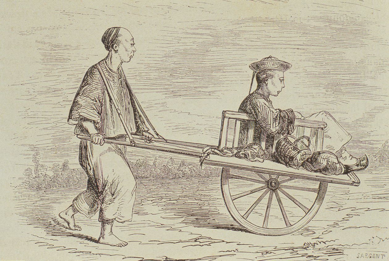 1860年代にパリで出版された「Le Tour du Monde」からアルフレッドルイサージェント（b.1828）によって刻まれた、1850年代の手押し車タクシー 作： フランス語学校