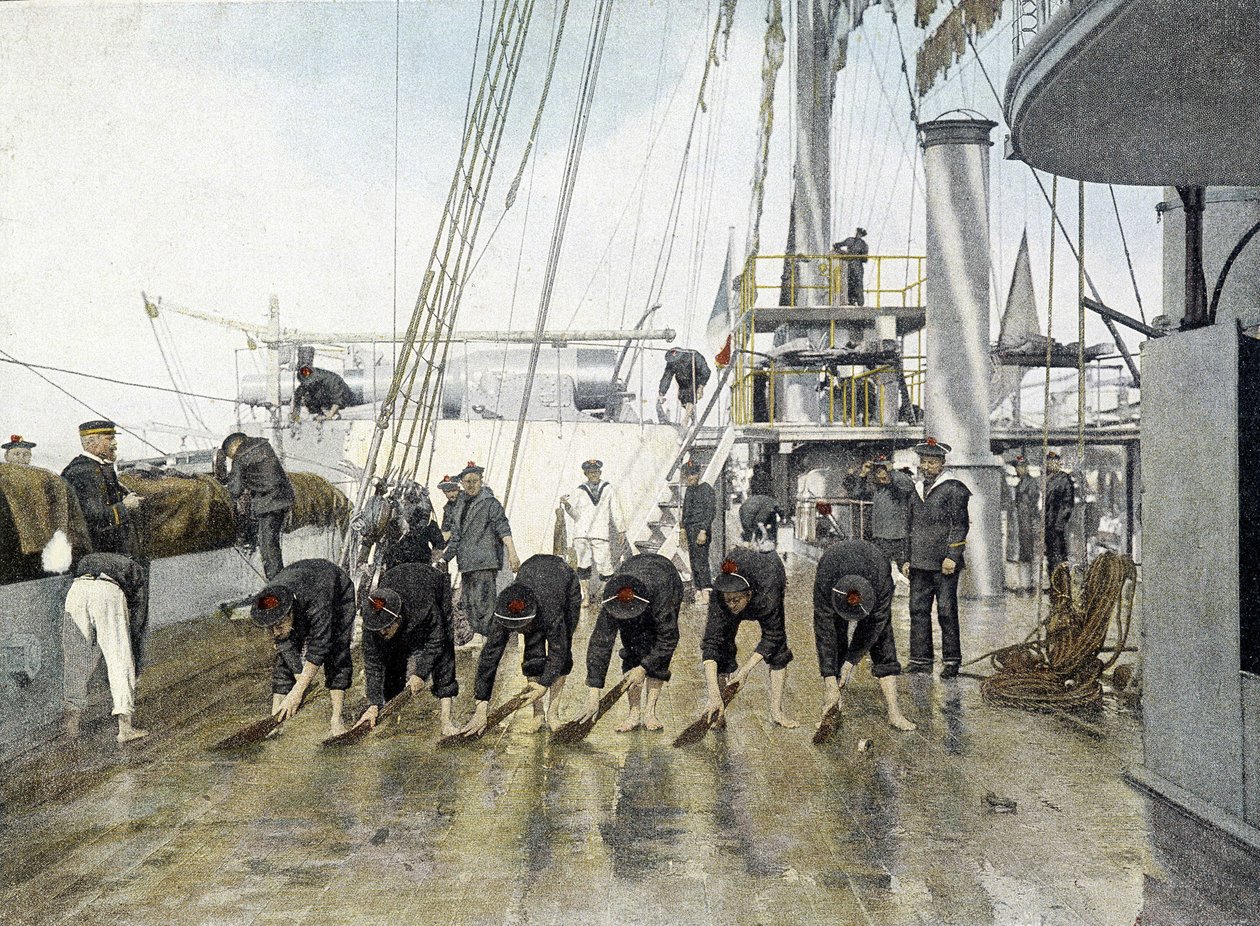 フランス海軍、19世紀末：艦橋の洗浄 - Bibl. des Arts deco. 作： フランスの写真家