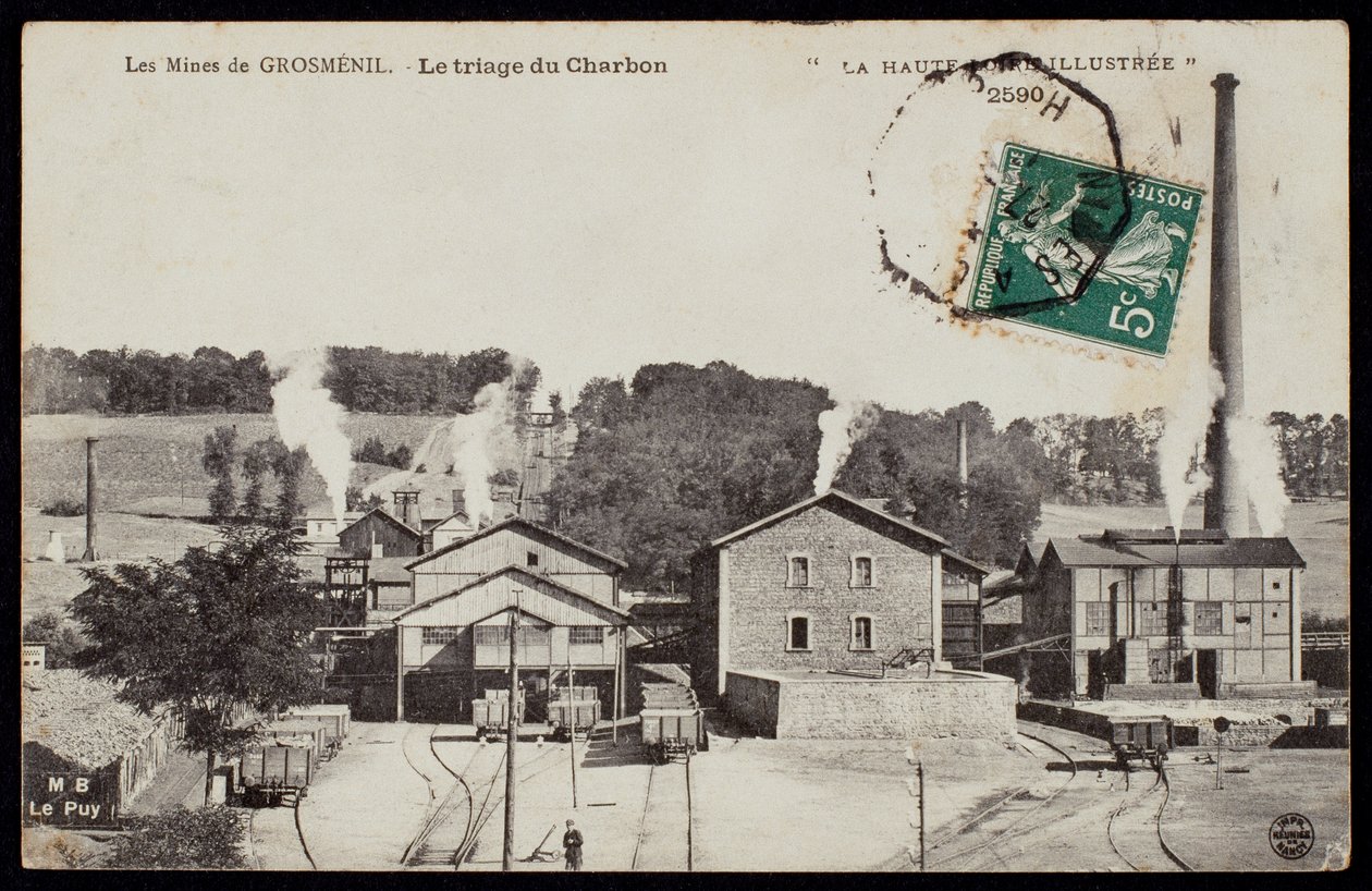 グロスメニルの炭鉱を描いた絵葉書、石炭の選別、オートロワール、1900年頃 作： フランスの写真家