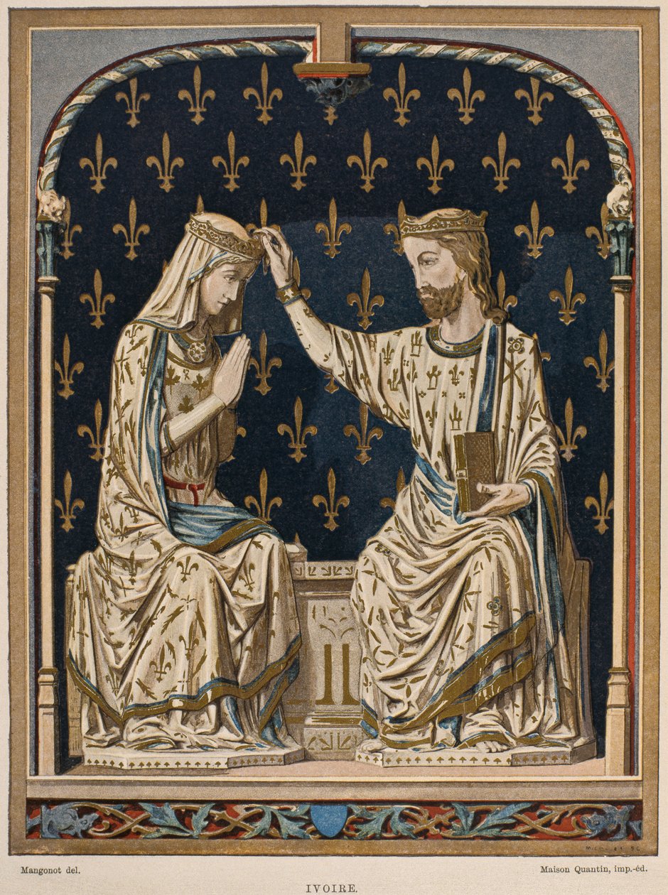 14世紀の聖母の戴冠式、ルーヴル美術館の象牙、ヘンリーハバードの 『装飾と装飾』のイラスト、第3巻、第1版、パリ、メゾンクアンタン、1878年 作： フランス語学校