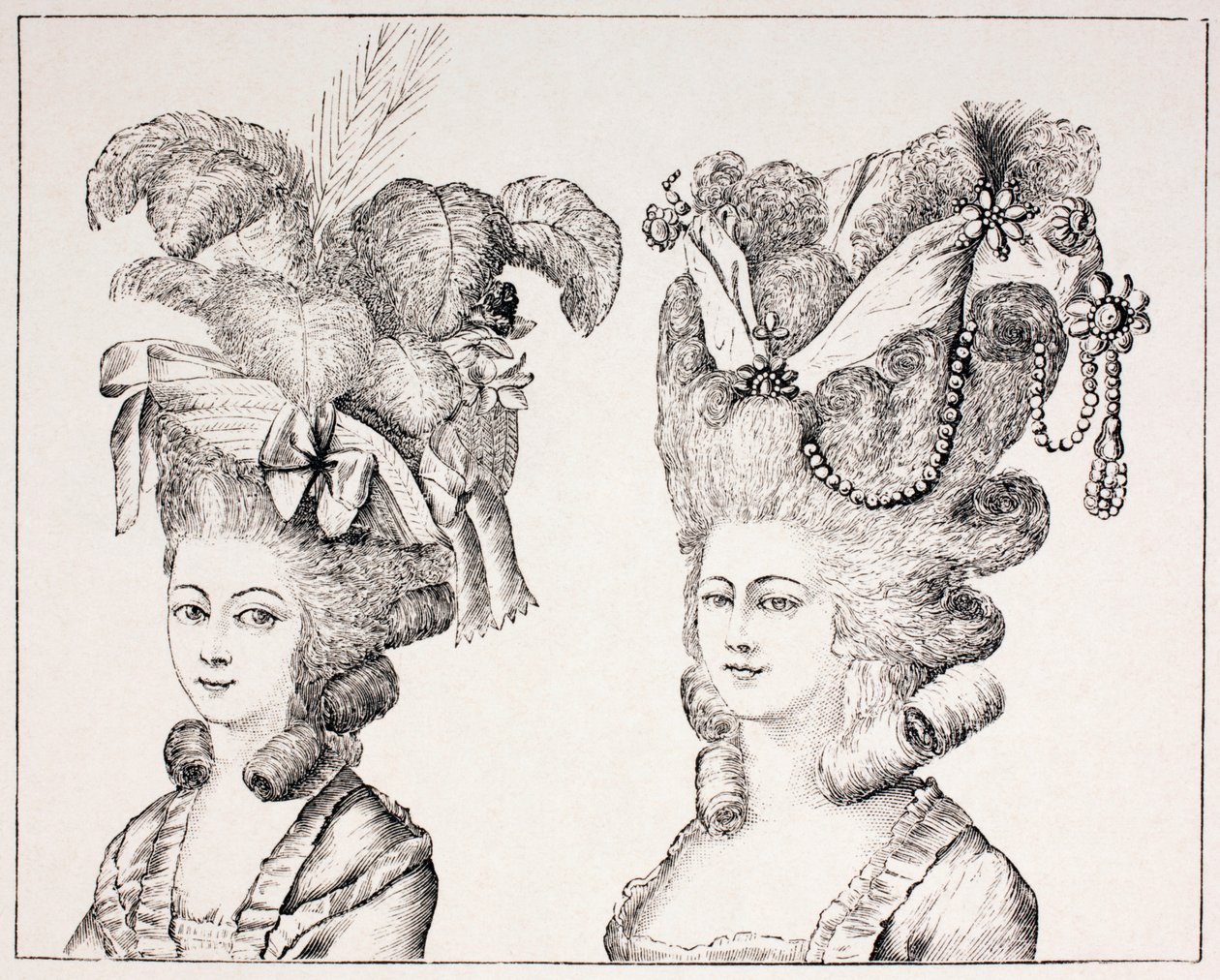 贅沢なヘアスタイルと帽子をかぶった18世紀のフランスの少女、1875年 作： フランス語学校